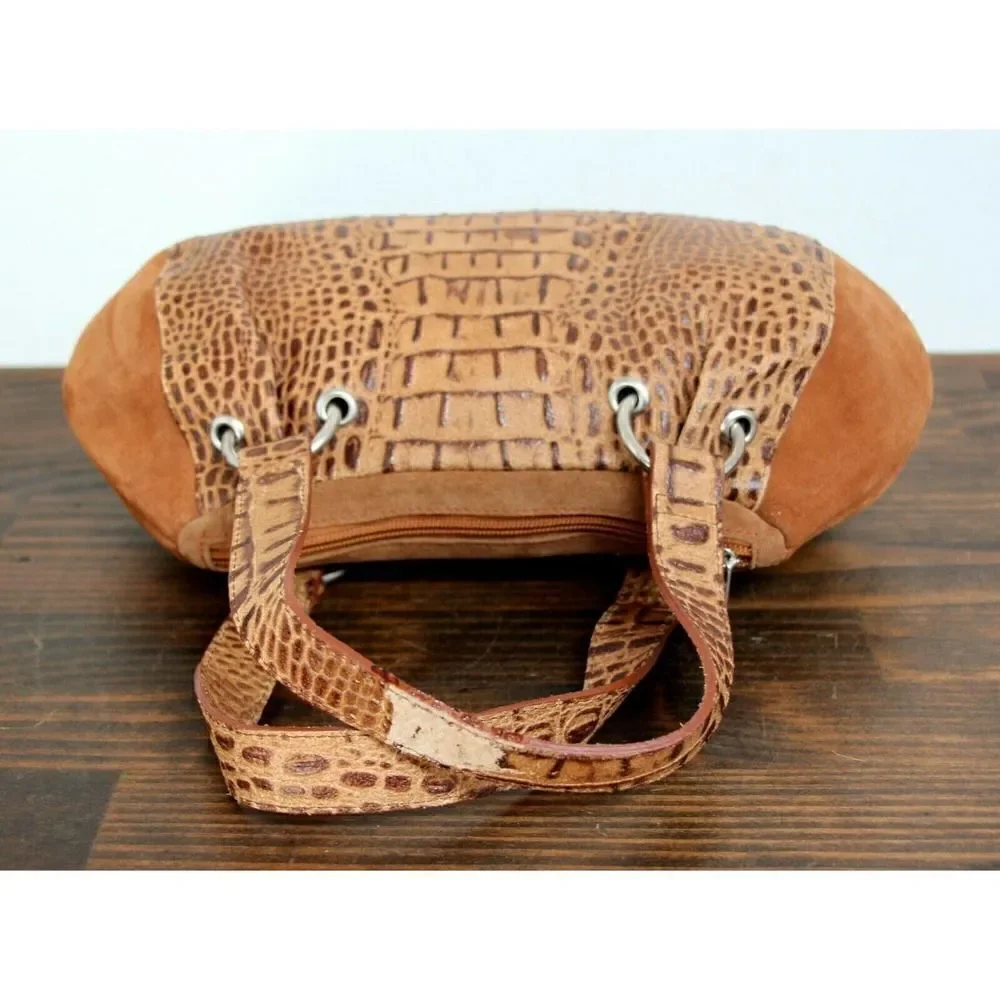 CB Pelletterie BROWN CROCO EMBOSSED GENUINE LEATHER ZIP TOP SMALL HANDBAG PURSE